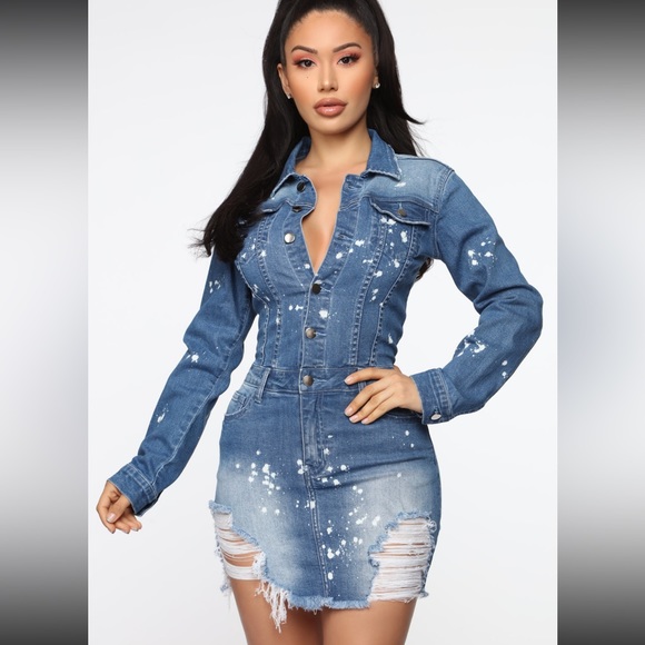 Fashion Nova Do Some Damage Denim Mini Dress - Medium Dark - Picture 6 of 10